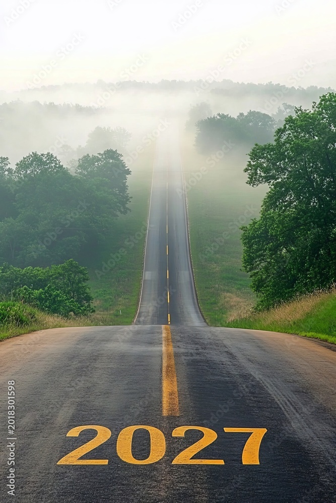 Fototapeta premium A Dreamy Long Road Stretching Towards a Blurred Horizon, Promising Unknown Challenges Ahead in 2027