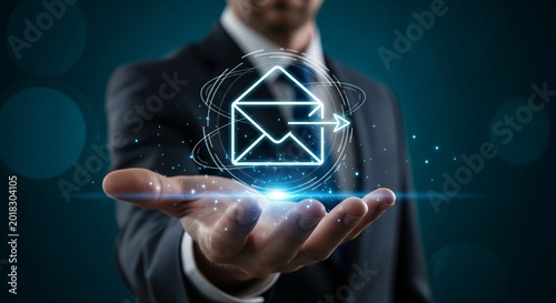Businessman's hand holds glowing envelope icon with outgoing arrow and digital network
