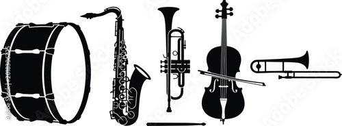 Quadro su tela Musical instrument silhouette collection featuring drum saxophone trumpet violin