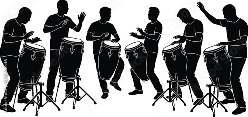 Fotografie Percussion Musicians Playing Conga Drums Silhouette Collection for Music Festiva