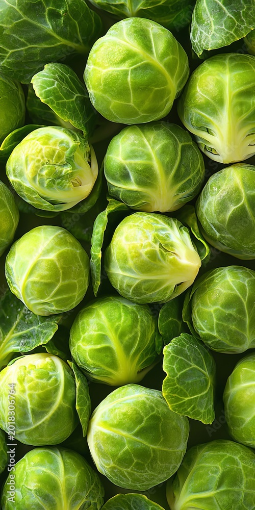 Obraz premium Vibrant and Dense Arrangement of Fresh Brussels Sprouts with Intricate Leaf Patterns and Colors