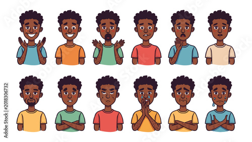 Bild auf Leinwand Emotional Expressions of a Young Man: A collection of cartoon illustrations depicts a young Black man expressing a wide range of emotions, from joy and surprise to sadness and anger