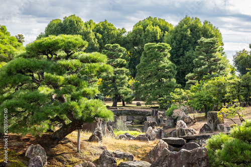 Tranquil Ninomaru Garden inside Nijo Castle Kyoto under bright summer sky, Kyoto, Japan 