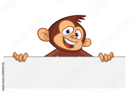 Canvas Print Cartoon monkey chimpanzee holding blank empty white paper or placard for menu or greetings