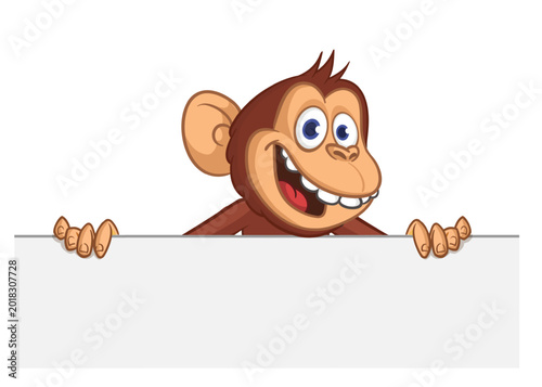 Photography Cartoon monkey chimpanzee holding blank empty white paper or placard for menu or greetings