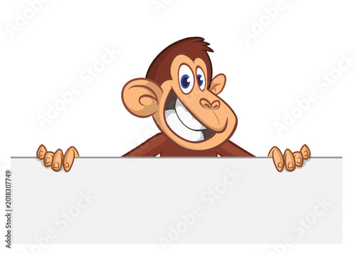 Photography Cartoon monkey chimpanzee holding blank empty white paper or placard for menu or greetings
