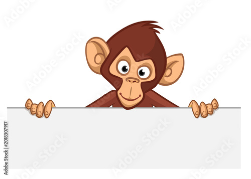 Photography Cartoon monkey chimpanzee holding blank empty white paper or placard for menu or greetings