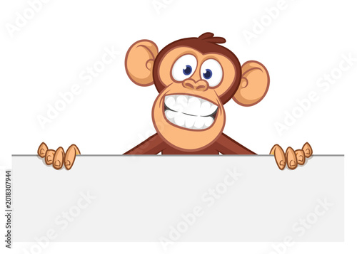Photography Cartoon monkey chimpanzee holding blank empty white paper or placard for menu or greetings