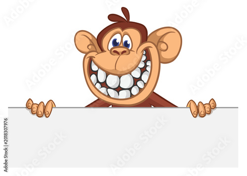 Photography Cartoon monkey chimpanzee holding blank empty white paper or placard for menu or greetings
