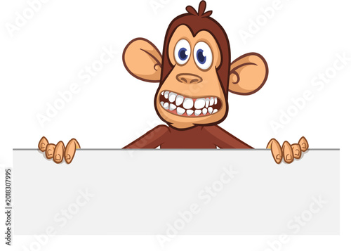 Photography Cartoon monkey chimpanzee holding blank empty white paper or placard for menu or greetings