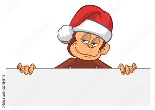 Photography Cartoon monkey chimpanzee holding blank empty white paper or placard for menu or greetings in Santa Hat