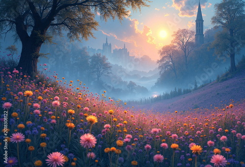 A serene landscape at dawn, featuring a medieval castle with tall spires and towers silhouetted against a soft, pastel sky. 