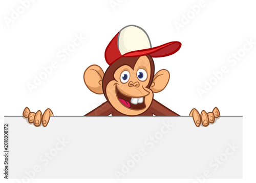 Photography Cartoon monkey chimpanzee holding blank empty white paper or placard for menu or greetings