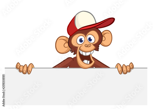 Canvas Print Cartoon monkey chimpanzee holding blank empty white paper or placard for menu or greetings