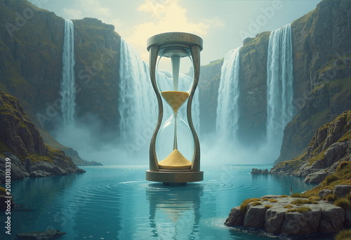 A large, ornate hourglass stands prominently in the foreground, its golden sand cascading from the upper to the lower bulb. 