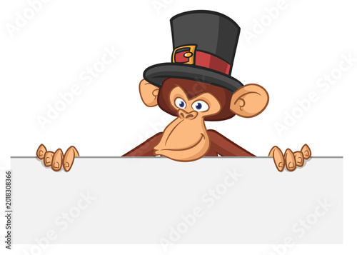 Photography Cartoon monkey chimpanzee in flat hat cylinder holding blank empty white paper or placard for menu