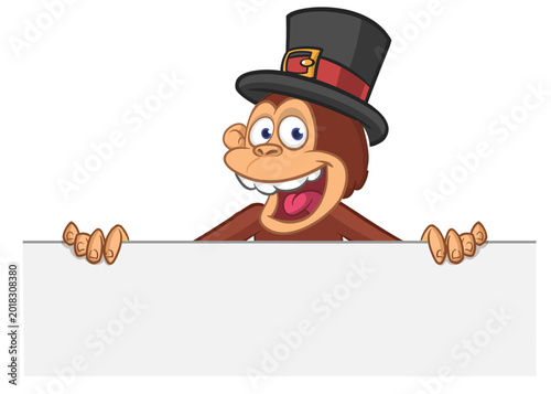 Canvas Print Cartoon monkey chimpanzee in flat hat cylinder holding blank empty white paper or placard for menu