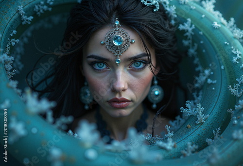 A close-up portrait of a young woman with striking blue eyes and dark hair, adorned with intricate, sparkling jewelry including a headpiece and large earrings. 