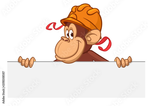 Photography Cartoon monkey chimpanzee holding blank empty white paper and helmet