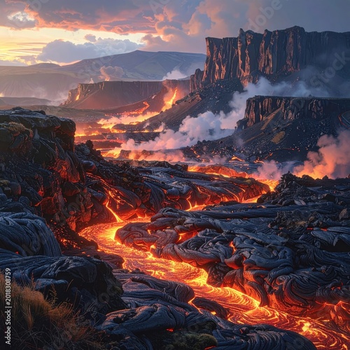 Fiery lava river flows through rugged landscape under dramatic sunset