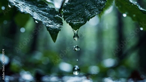 Water droplet falling from wet green leaves in a forest, refreshing nature, macro, bokeh background