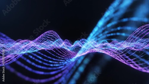 Abstract 3D animation of glowing neon blue and purple particle wave flowing horizontally on a black background.