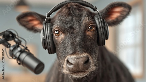 Black cow wears headphones near microphone. Curious eyes meet the viewer directly. Studio lighting highlights its soft fur. Perfect for podcast or animal-themed content. No people appear in the scene