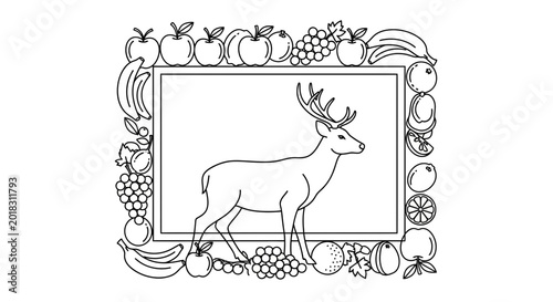 Deer in Fruit Frame Coloring Page: Whimsical Nature and Food Border for Kids