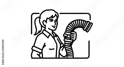 Woman Holding Flexible Corrugated Hose, Line Art Icon