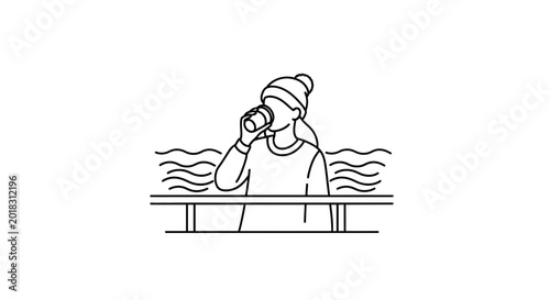 Woman in Winter Hat Drinks Coffee by Wavy Water, Minimalist Line Art