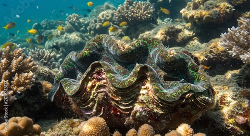 海底深くどっしりと横たわる巨大なシャコガイの圧倒的な存在感 透明な青い海に差し込む太陽光が色とりどりのサンゴ礁と織りなす神秘的な生命の水中世界を鮮やかに描き出す. AI Generated