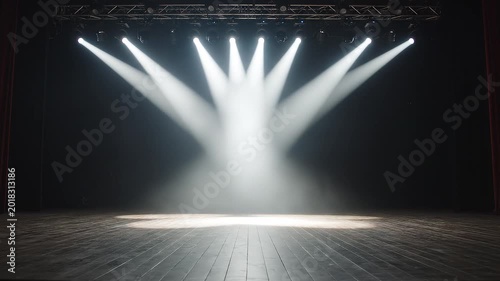 Empty performance stage with rustic wooden floorboards illuminated by moving white spotlights and smoke effects.