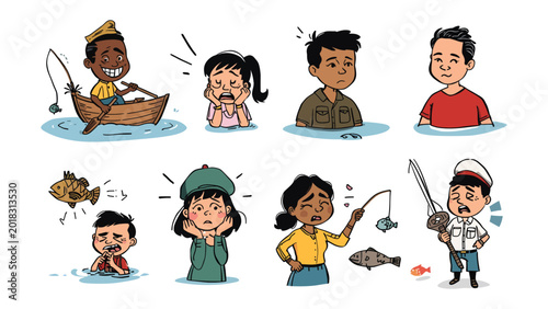 Fotografija Emotions of Angling: A collection of diverse individuals experiencing the highs and lows of fishing, from joyful catches to frustrating misses, all depicted in a vibrant, illustrative style