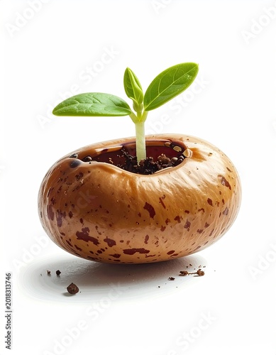 Tiny green sprout emerges from a large, speckled bean, symbolizing new growth