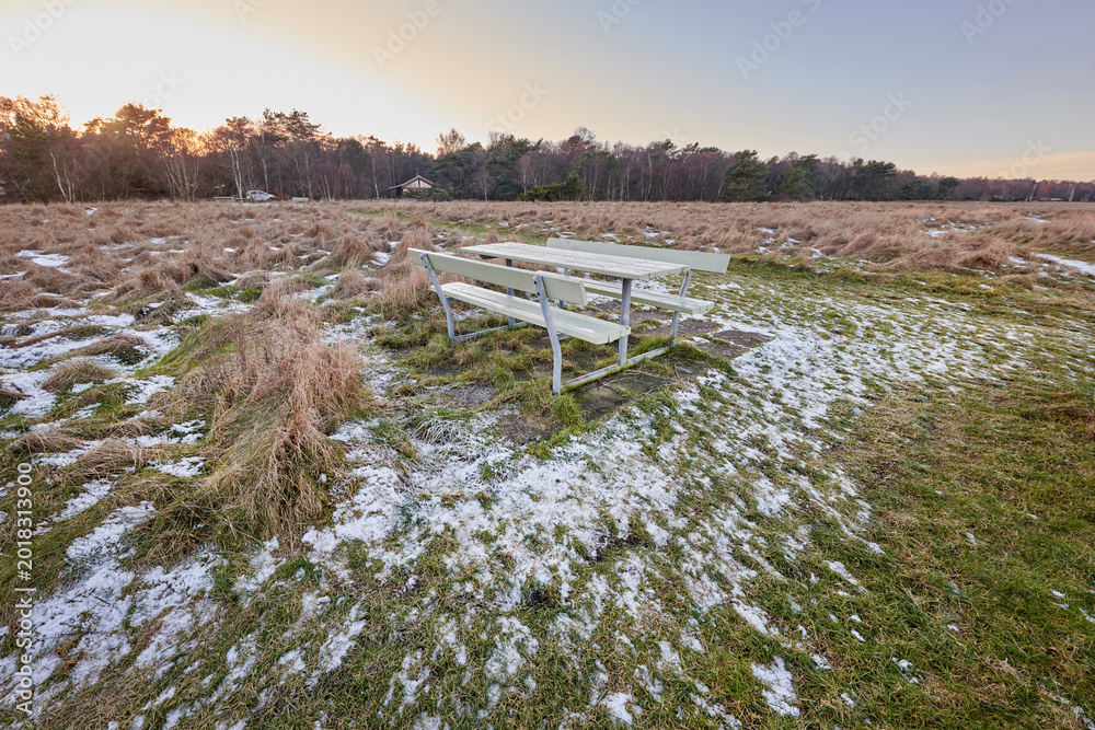 Obraz premium Outdoor, landscape and nature in field with snow, sustainable environment and meadow bench. Grassland, winter season and wilderness with seat, conservation and countryside scenery of reservation