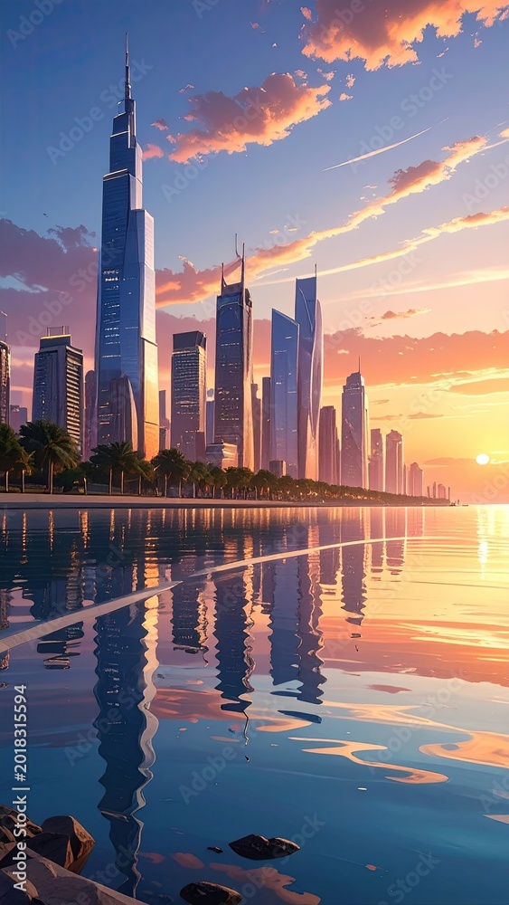 Fototapeta premium Towering skyscrapers reflect in calm water at sunset, a vibrant city skyline