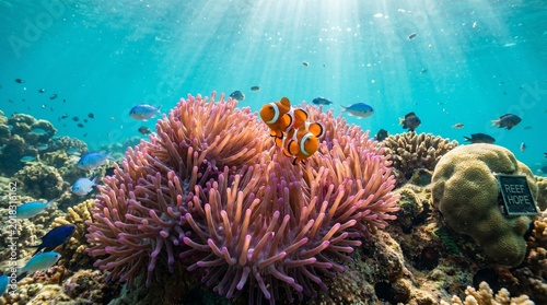 Фотография Colorful coral reef with clownfish under sunlit ocean waters