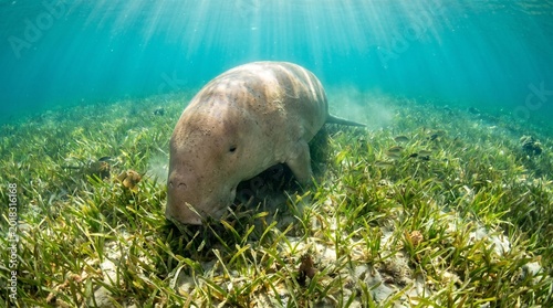 Tableau sur toile Dugong grazing on seagrass in clear turquoise ocean waters