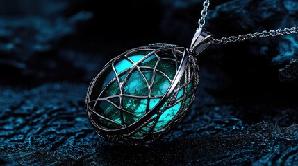 Ornate silver pendant featuring a glowing, cyan gemstone encased in a latticework design rests on a dark textured surface.