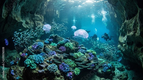 Foto Underwater cave with colorful coral and divers exploring marine life