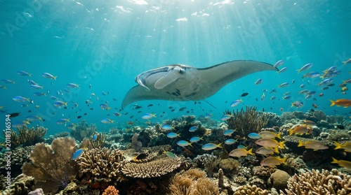 Foto Majestic manta ray gliding over vibrant coral reef in sunlight