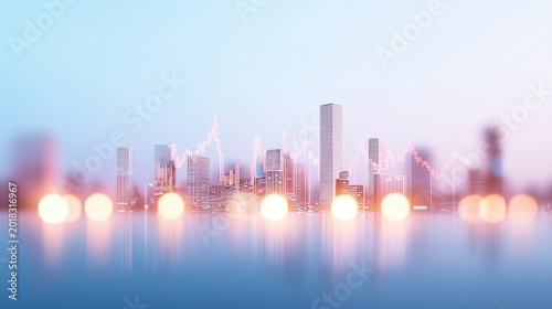 financial double exposure City skyline and a stock market graph merged in a double exposure, symbolizing the relationship between finance and growth.