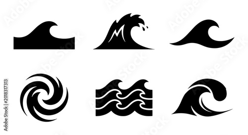 Canvastavla Set of Six Black Silhouette Wave Icons, Ocean Swells and Hurricane Symbol, Marin