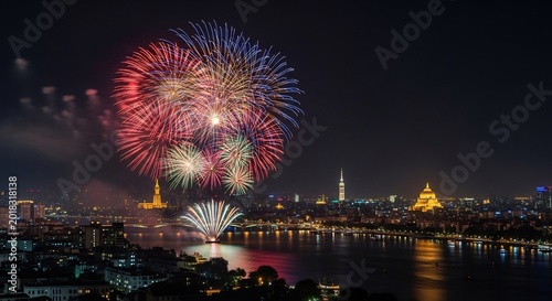 夜空に大きく咲き乱れる鮮やかな打ち上げ花火が都市の夜景と川面に煌めき幻想的な美しさを描き出す. AI Generated