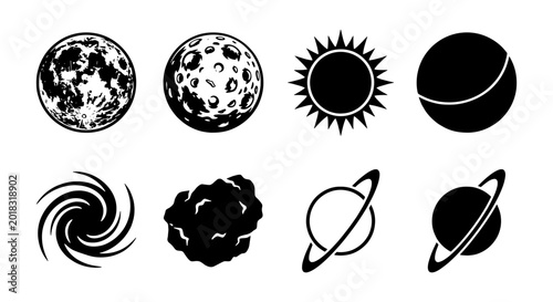 Tablou pe pânză Cosmic Icons Set: Celestial Bodies, Planets, Sun, Moon, Asteroid, Galaxy, Space