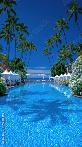 Tropical Resort Poolside with Palm Trees and Ocean View