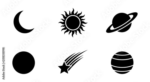 Foto Cosmic Icons Set: Celestial Bodies, Planets, Moon, Sun, Star, Space Objects, Ast