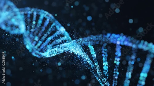 Cinematic 3D animation of glowing blue DNA double helix strand rotating on a dark background with floating particles.
