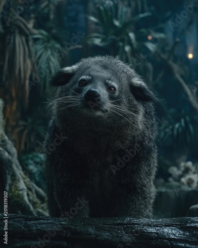 Binturong with long whiskers in a dark, lush forest setting