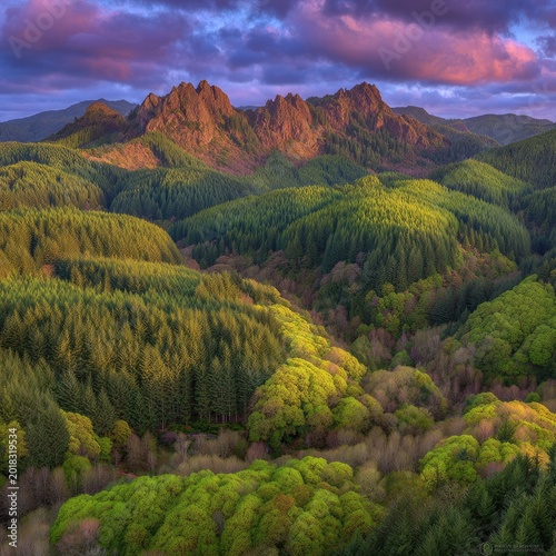Dramatic Mountain Peaks at Sunset with Lush Forest